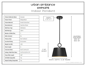 A beautiful diagram showing the dimensions of an Urban Ambiance UHP4275 New Traditional Pendant 11.875''H x 12.375''W, Midnight Black Finish, Coronado
