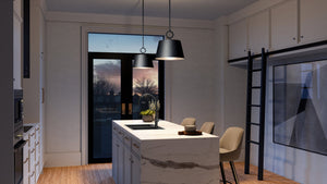 A beautiful rendering of a kitchen with a UHP4275 New Traditional Pendant 11.875''H x 12.375''W, Midnight Black Finish lamp, and luxury table and chairs from