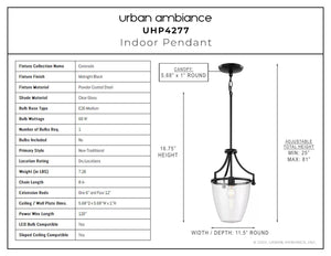A beautiful diagram of the unique UHP4277 Tranditional Pendant 16.75''H x 11.5''W, Midnight Black Finish, Coronado Collection by Urban Ambiance.