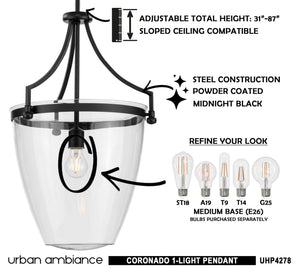 The instructions for the UHP4278 Tranditional Pendant 23.375''H x 15.25''W, Midnight Black Finish, Coronado Collection by Urban Ambiance,