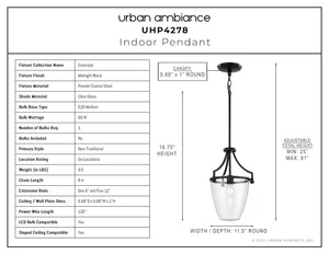 A beautiful diagram showcasing the unique dimensions of the UHP4278 Traditional Pendant 23.375''H x 15.25''W, Midnight Black Finish, Coronado Collection lamp by Urban Amb