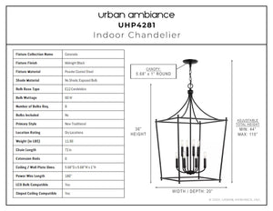 A diagram showing the dimensions of a beautiful Urban Ambiance UHP4281 Traditional Chandelier.