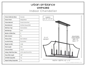A diagram showing the dimensions of a unique Urban Ambiance UHP4282 Tranditional Chandelier 15.125''H x 42''W, Midnight Black Finish, Coronado