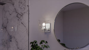 A bathroom with a unique lighting fixture - the UHP4290 Craftsman Wall Sconce 7''H x 4.5''W, Brushed Nickel Finish from the Houston Collection by