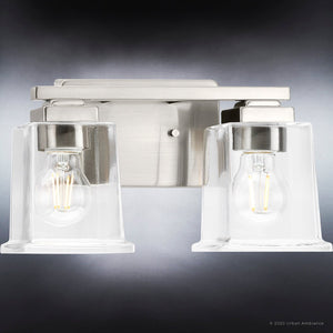 Two UHP4291 Craftsman Bath Lights with clear bulbs on a beautiful dark background.