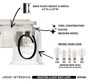 Urban Ambiance UHP4291 Craftsman Bath Light 7''H x 12.25''W, Brushed Nickel Finish, Houston Collection - Unique lighting fixture.