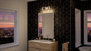 A unique and luxurious black and white Urban Ambiance bathroom with a view of the city featuring the UHP4292 Craftsman Bath Light 7''H x 20.125''W, Brush