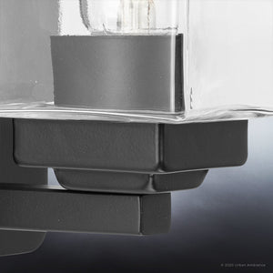 A beautiful Urban Ambiance lighting fixture - UHP4294 Craftsman Wall Sconce, Midnight Black Finish, Houston Collection - with clear glass bulb.