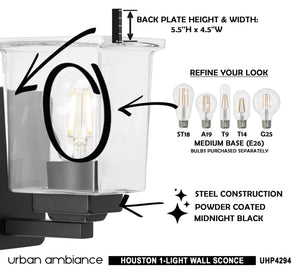 Urban Ambiance UHP4294 Craftsman Wall Sconce 7''H x 4.5''W, Midnight Black Finish, Houston Collection - unique and beautiful lamp.