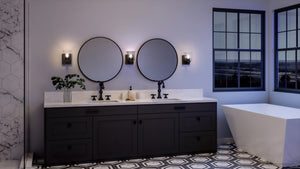 A beautiful bathroom with a unique UHP4294 Craftsman Wall Sconce 7''H x 4.5''W, Midnight Black Finish, Houston Collection by Urban Ambiance