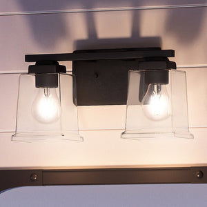 Two gorgeous UHP4295 Craftsman Bath Light 7''H x 12.25''W, Midnight Black Finish, Houston Collection fixtures hanging on a wall by Urban Ambiance.