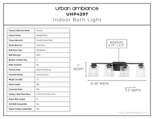 A diagram showing the dimensions of the UHP4297 Craftsman Bath Light from the Houston Collection by Urban Ambiance.