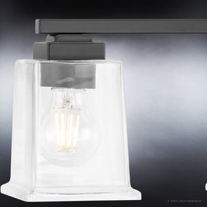 An UHP4297 Craftsman Bath Light 7''H x 27.875''W, Midnight Black Finish, Houston Collection by Urban Ambiance with a beautiful black background and clear glass bulb