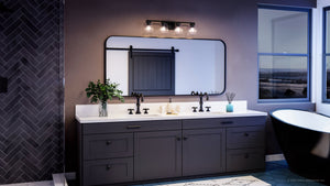 A bathroom with a unique UHP4297 Craftsman Bath Light 7''H x 27.875''W, Midnight Black Finish, Houston Collection by Urban Ambiance tub, sink and mirror