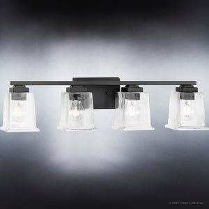The UHP4297 Craftsman Bath Light 7''H x 27.875''W, Midnight Black Finish, Houston Collection by Urban Ambiance is a luxury four light lighting fixture with clear