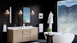 A modern bathroom with a beautiful UHP4300 Vintage Wall Sconce 7.875''H x 5''W, Polished Chrome Finish, Phoenix Collection by Urban Ambiance lamp.