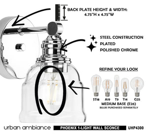 A beautiful lighting fixture, the UHP4300 Vintage Wall Sconce from the Phoenix Collection by Urban Ambiance, featuring a polished chrome finish, 7.875''H x 5''