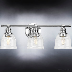 Three UHP4302 Vintage Bath Light 7.875''H x 21''W, Polished Chrome Finish bathroom fixture with clear glass shades by Urban Ambiance.