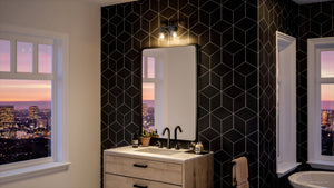 An Urban Ambiance UHP4305 Vintage Bath Light 7.875''H x 13''W, Midnight Black Finish gorgeous lighting fixture for a black and white bathroom with a view of the
