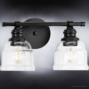A gorgeous Urban Ambiance lighting fixture with two UHP4305 Vintage Bath Light 7.875''H x 13''W, Midnight Black Finish, Phoenix Collection clear glass bulbs.