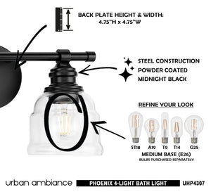 A beautiful UHP4307 Vintage Bath Light 7.875''H x 29''W, Midnight Black Finish, Phoenix Collection by Urban Ambiance with a black shade and a black bulb.