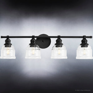 Urban Ambiance UHP4307 Vintage Bath Light 7.875''H x 29''W, Midnight Black Finish, Phoenix Collection with gorgeous clear glass shades.