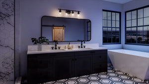 A beautiful Urban Ambiance bathroom with the UHP4307 Vintage Bath Light 7.875''H x 29''W, Midnight Black Finish, Phoenix Collection tile and a window.
