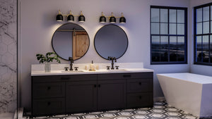 A beautiful bathroom with a UHP4316 Vintage Bath Light 9''H x 24''W, Olde Brass Finish, Jacksonville Collection by Urban Ambiance for luxury lighting.