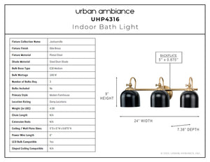 A beautiful diagram showing the dimensions of the UHP4316 Vinatge Bath Light 9''H x 24''W, Olde Brass Finish, Jacksonville Collection by Urban Ambiance