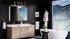 A modern bathroom with black walls and gold accents features the beautiful UHP4317 Vintage Bath Light.