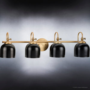 An UHP4317 Vintage Bath Light 9''H x 33''W, Olde Brass Finish from the Jacksonville Collection by Urban Ambiance, with unique black shades.