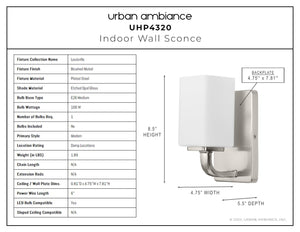 A diagram showing the dimensions of a unique and gorgeous Urban Ambiance UHP4320 Contemporary Wall Sconce 8.5''H x 4.75''W, Brushed