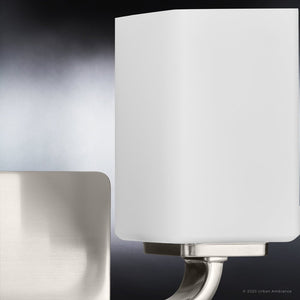 A unique and luxurious Urban Ambiance bathroom light with a UHP4321 Contemporary Bath Light 8.5''H x 13.5''W, Brushed Nickel Finish, Louisville