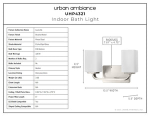 A diagram showing the dimensions of a beautiful and luxurious Urban Ambiance UHP4321 Contemporary Bath Light 8.5''H x 13.5''W, Brushed Nickel Finish, Louisville