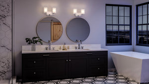 A bathroom with a unique UHP4321 Contemporary Bath Light 8.5''H x 13.5''W, Brushed Nickel Finish from the Louisville Collection by Urban Ambiance and tiled