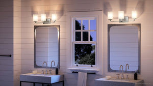 An Urban Ambiance bathroom with two sinks and a window, featuring the unique UHP4322 Contemporary Bath Light 8.5''H x 23.5''W, Brushed Nickel Finish
