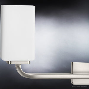 A Unique Urban Ambiance UHP4322 Contemporary Bath Light 8.5''H x 23.5''W, Brushed Nickel Finish, Louisville Collection with a white square on