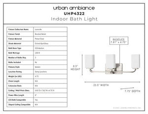 A diagram showing the dimensions of a luxury Urban Ambiance UHP4322 Contemporary Bath Light 8.5''H x 23.5''W, Brushed Nickel Finish, Louisville