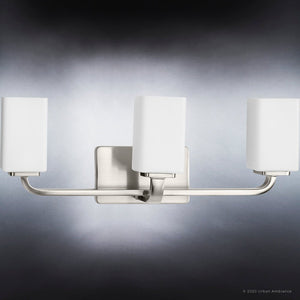 Three luxury UHP4322 Contemporary Bath Lights 8.5''H x 23.5''W, Brushed Nickel Finish, from the Louisville Collection by Urban Ambiance with unique white shades