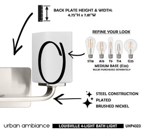 A diagram illustrating the installation of the luxurious UHP4323 Contemporary Bath Light with a unique brushed nickel finish from Urban Ambiance in a bathroom.