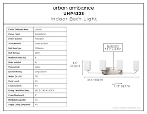 A diagram showing the dimensions of the Urban Ambiance UHP4323 Contemporary Bath Light in a unique Brushed Nickel Finish, Louisville Collection.