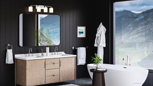 A beautiful bathroom with black walls and a UHP4323 Contemporary Bath Light 8.5''H x 33.5''W, Brushed Nickel Finish lighting fixture from Urban Ambiance brand