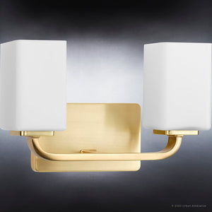 An Urban Ambiance bathroom lighting fixture with two square glass shades, the UHP4325 Contemporary Bath Light 8.5''H x 13.5''W in Satin Gold Finish from