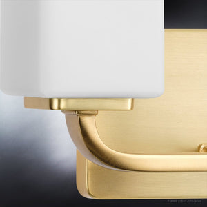 A unique lighting fixture, the Urban Ambiance UHP4325 from the Louisville Collection features a satin gold finish and white glass shade.
