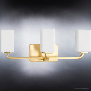 A UHP4326 Contemporary Bath Light 8.5''H x 23.5''W, Satin Gold Finish, Louisville Collection with unique white shades by Urban Ambiance.