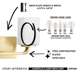 A diagram showing how to install the unique UHP4326 Contemporary Bath Light 8.5''H x 23.5''W, Satin Gold Finish, Louisville Collection light fixture in a