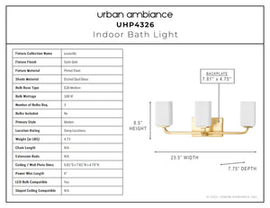 A diagram showing the dimensions of a luxury lighting fixture, the Urban Ambiance UHP4326 Contemporary Bath Light 8.5''H x 23.5''W, Satin