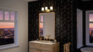 A luxurious black and white bathroom with a gorgeous view of the city illuminated by the UHP4326 Contemporary Bath Light 8.5''H x 23.5''W, Satin Gold