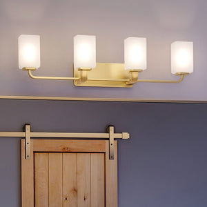 A bathroom with a unique barn door and a luxury Urban Ambiance UHP4327 Contemporary Bath Light 8.5''H x 33.5''W, Satin Gold Finish, Louisville