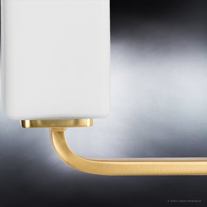 A beautiful Urban Ambiance lamp with a white shade and a brass base, UHP4327 Contemporary Bath Light 8.5''H x 33.5''W, Satin
